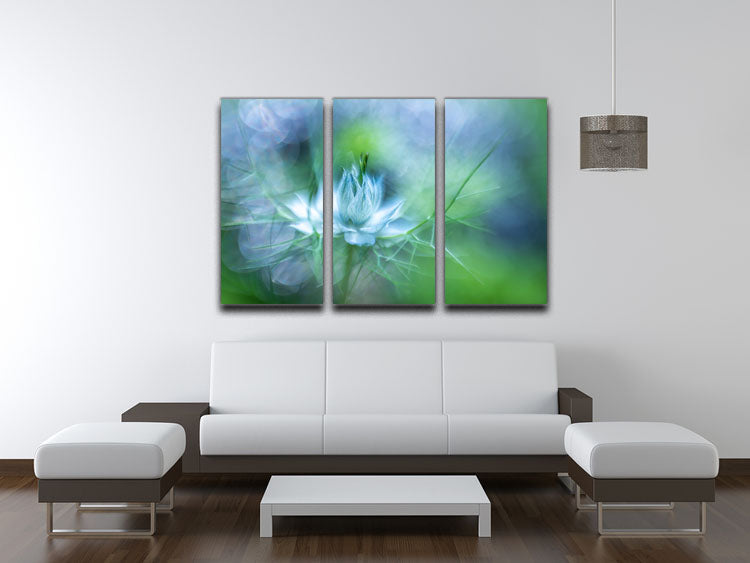 A beautiful Blue Flower 3 Split Panel Canvas Print showcasing vibrant blue flowers on a textured background, ideal for home decor.