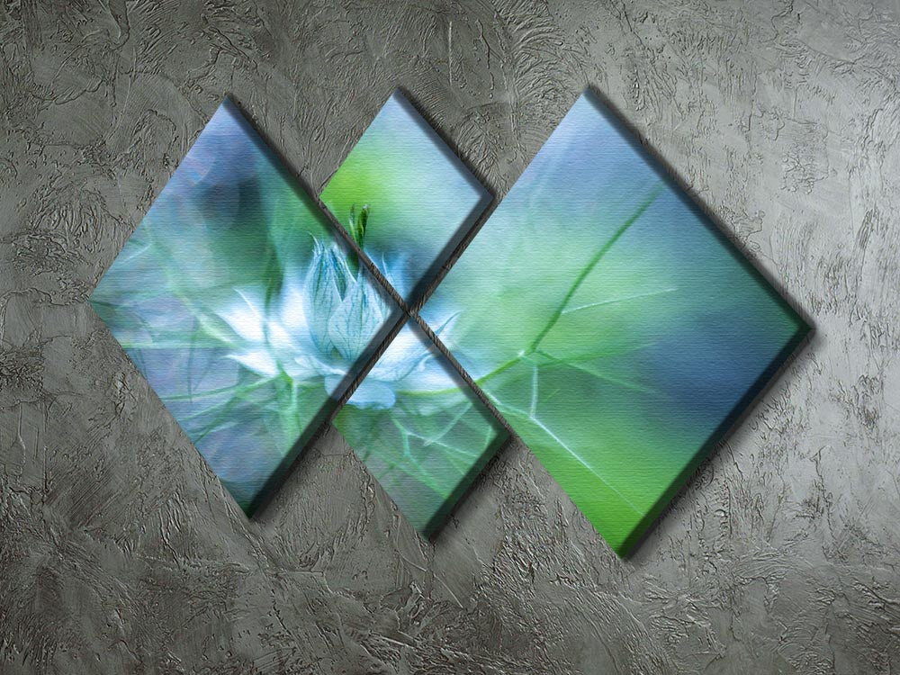 A beautiful blue flower artwork displayed on four square canvas panels, creating a harmonious and striking visual effect.