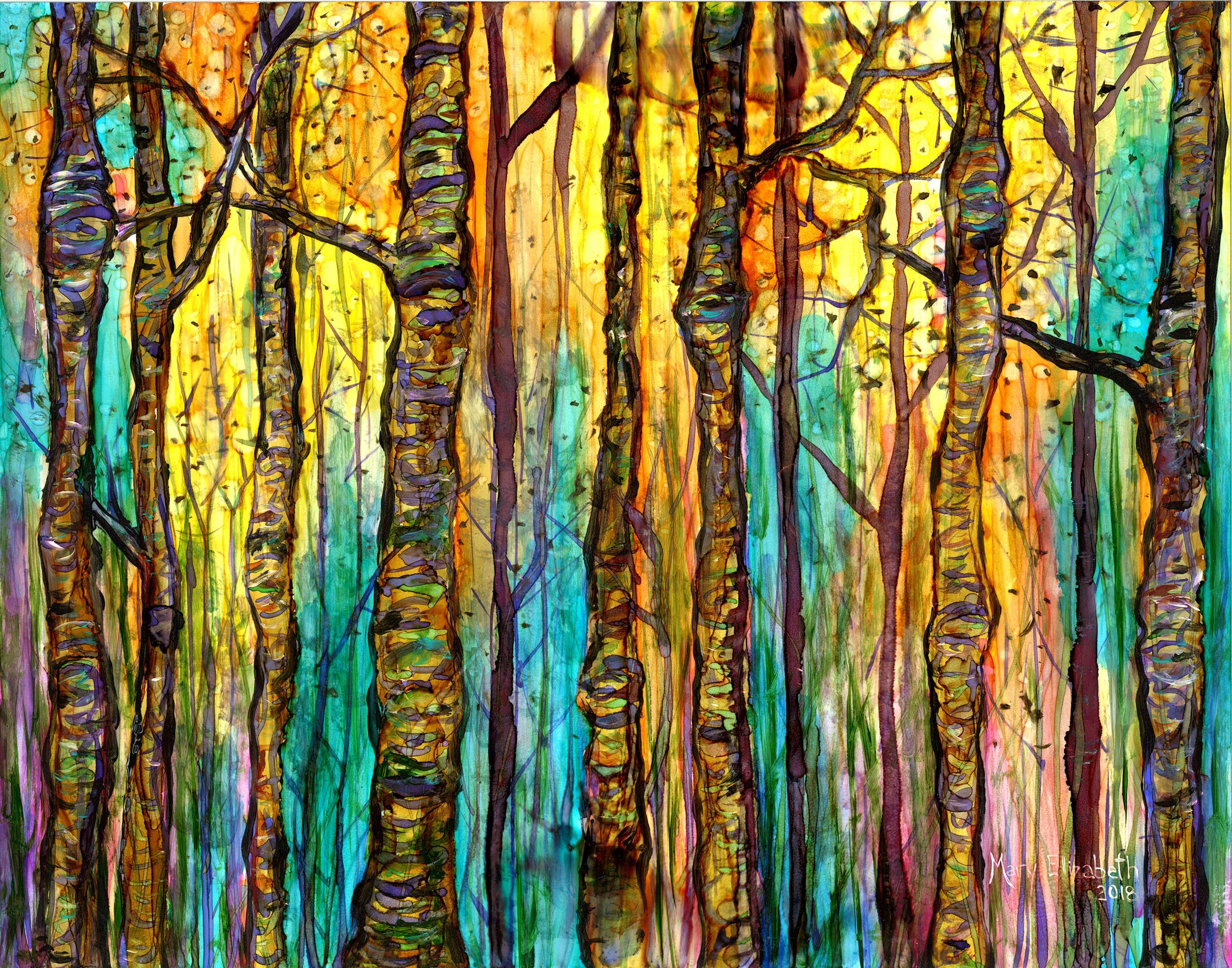 A vibrant Blue Forest print showcasing intricate details and soothing colors, created with mixed media techniques.