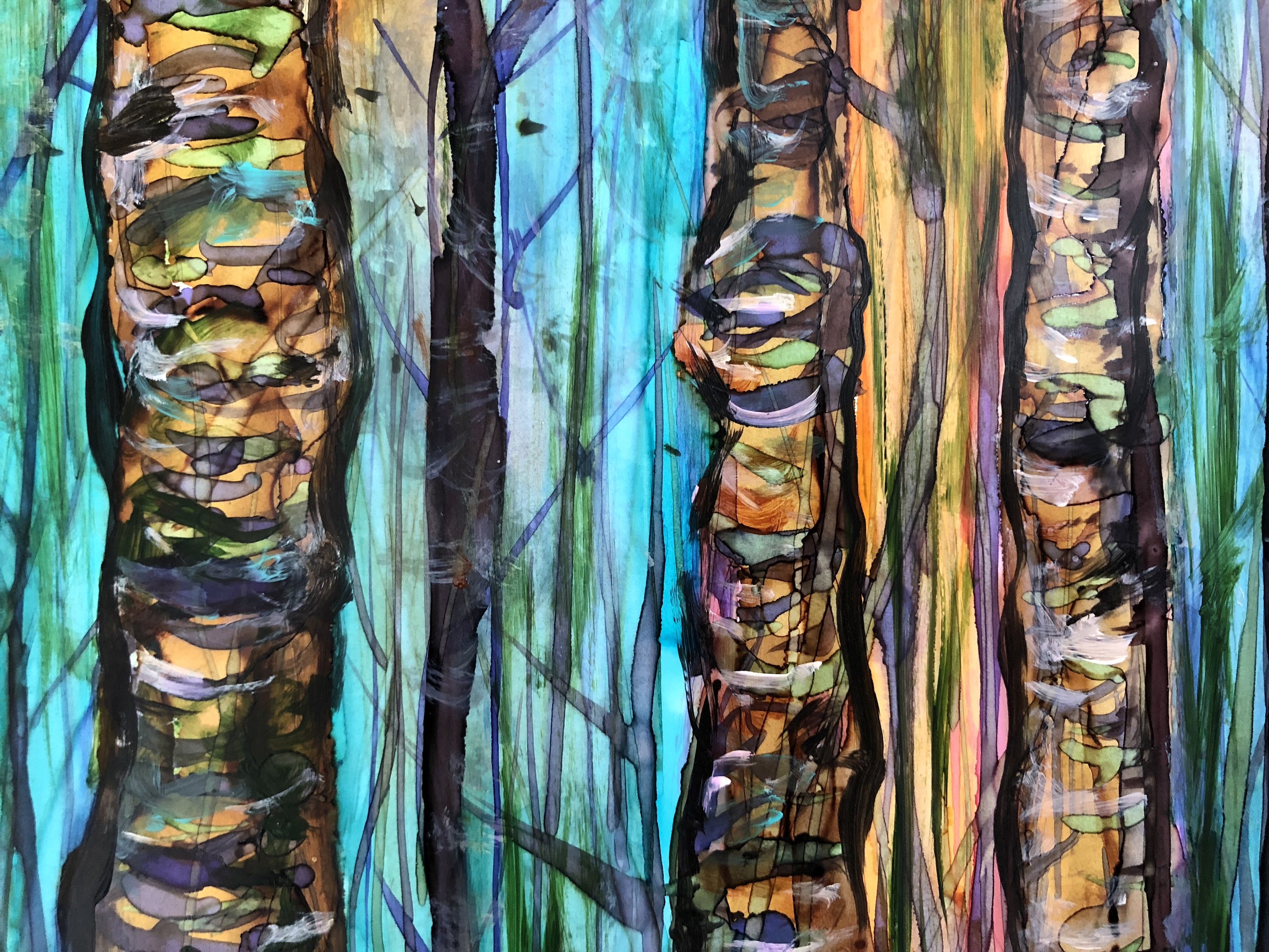 A vibrant Blue Forest print showcasing intricate details and soothing colors, created with mixed media techniques.