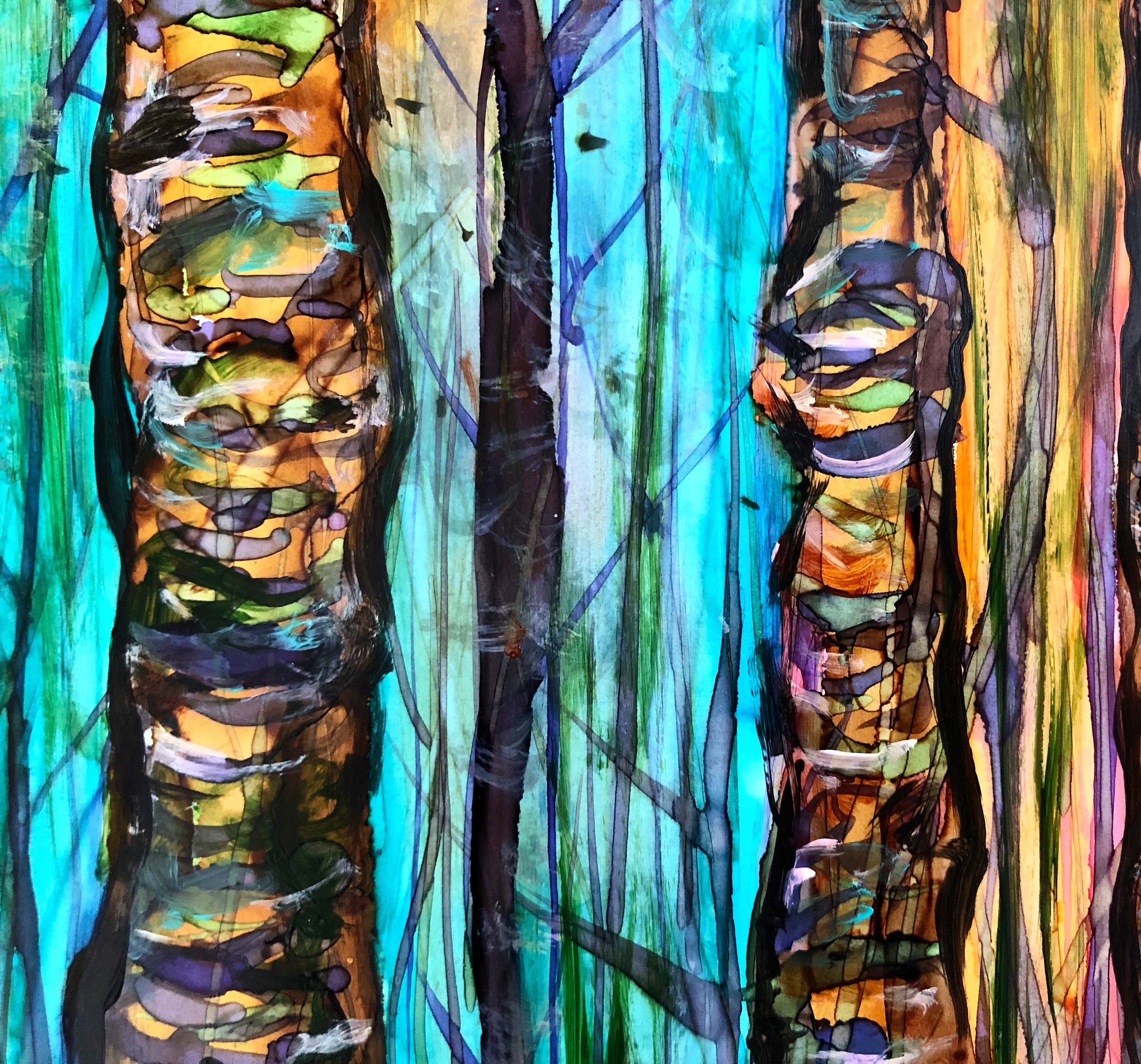 A vibrant Blue Forest print showcasing intricate details and soothing colors, created with mixed media techniques.