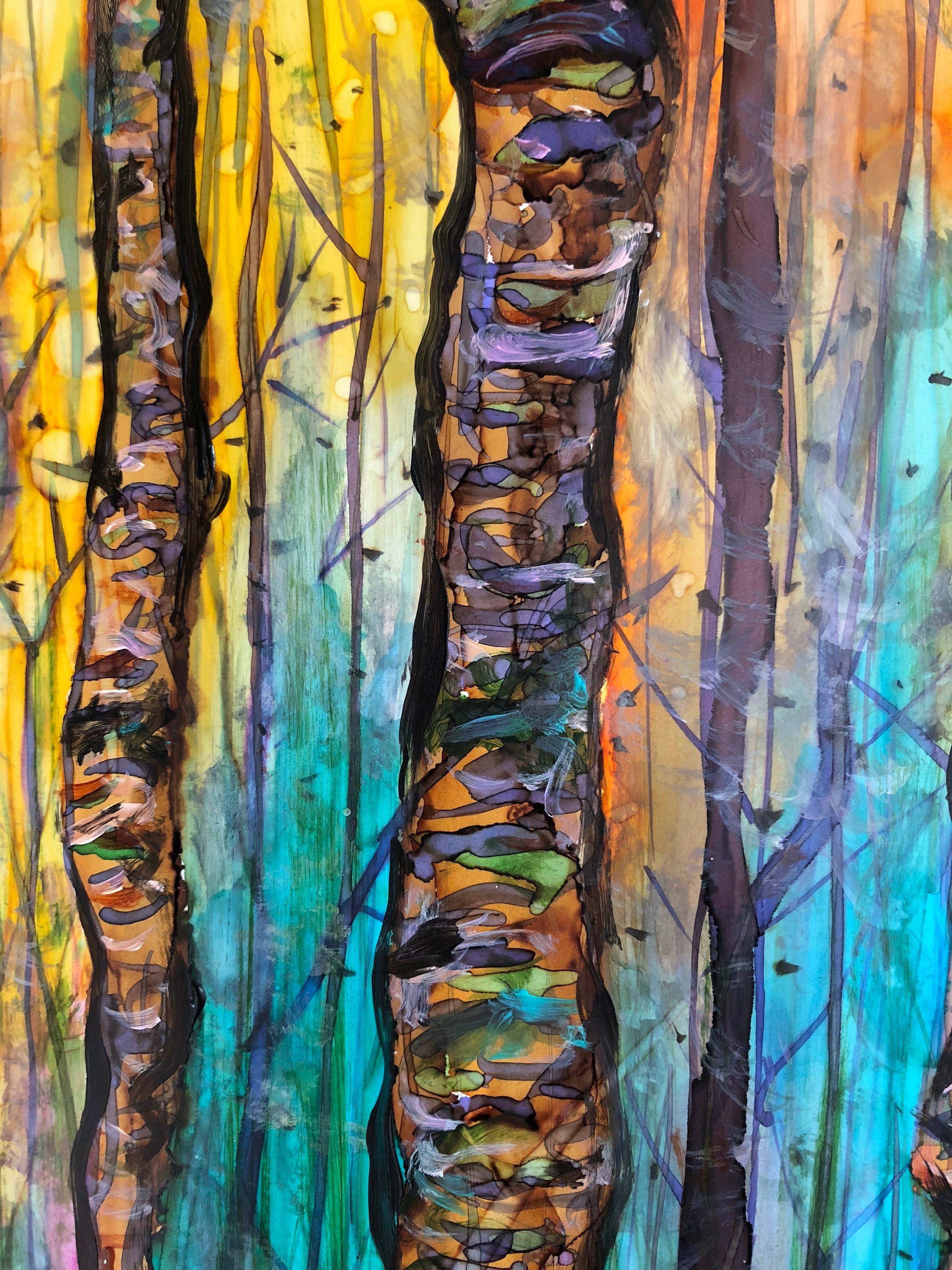 A vibrant Blue Forest print showcasing intricate details and soothing colors, created with mixed media techniques.