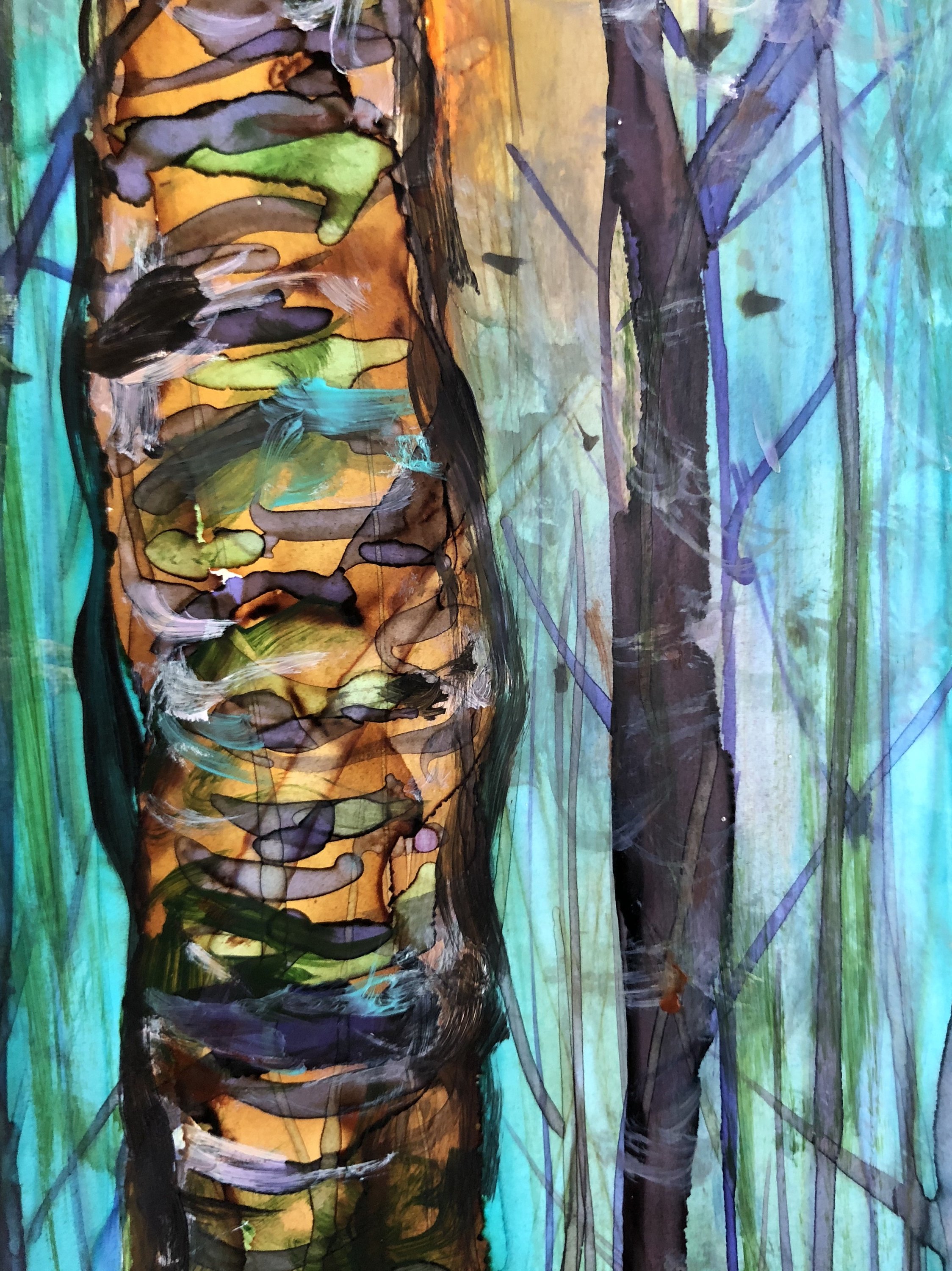 A vibrant Blue Forest print showcasing intricate details and soothing colors, created with mixed media techniques.