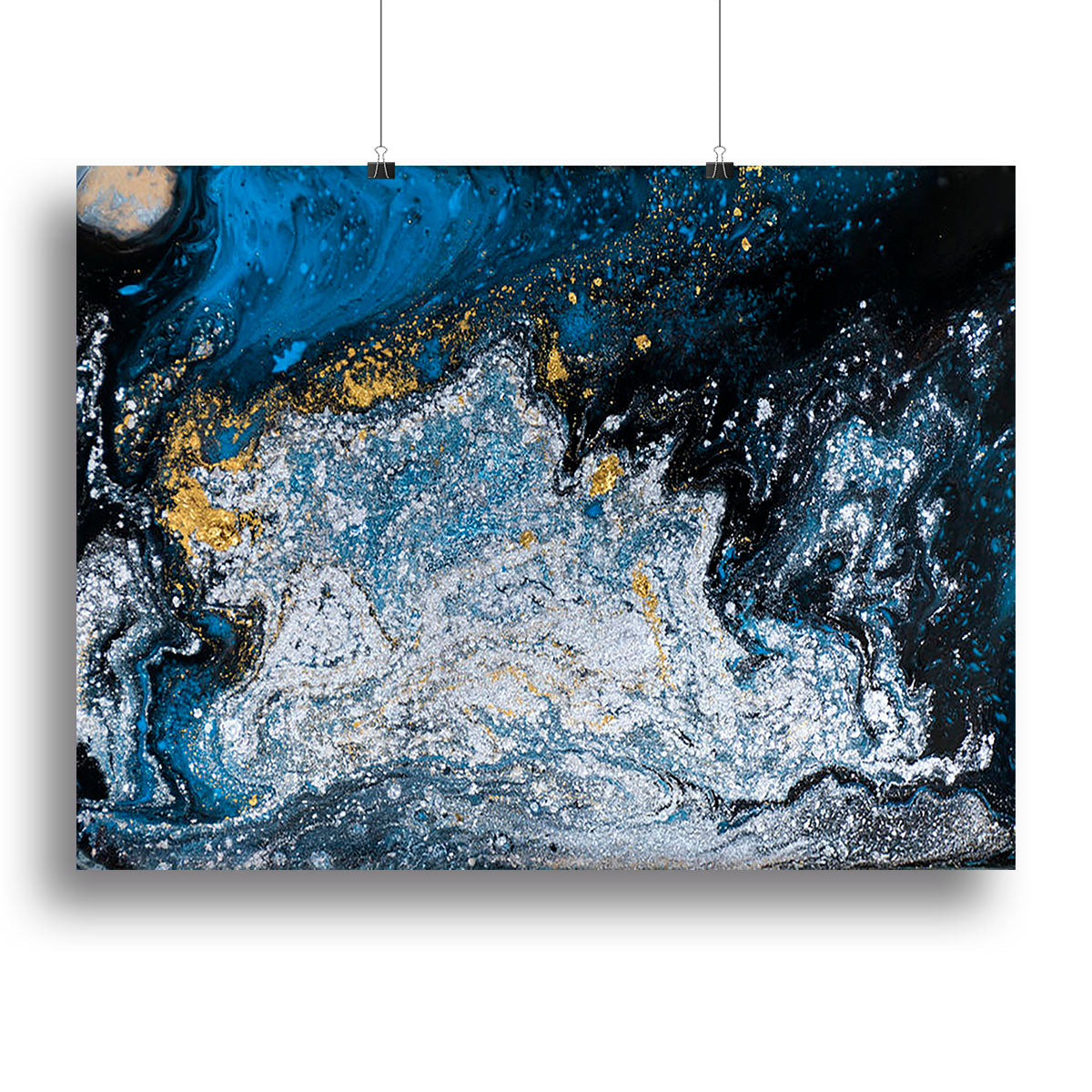 A vibrant Blue Galaxy Marble Canvas Print showcasing swirling blue and white patterns resembling a cosmic scene.