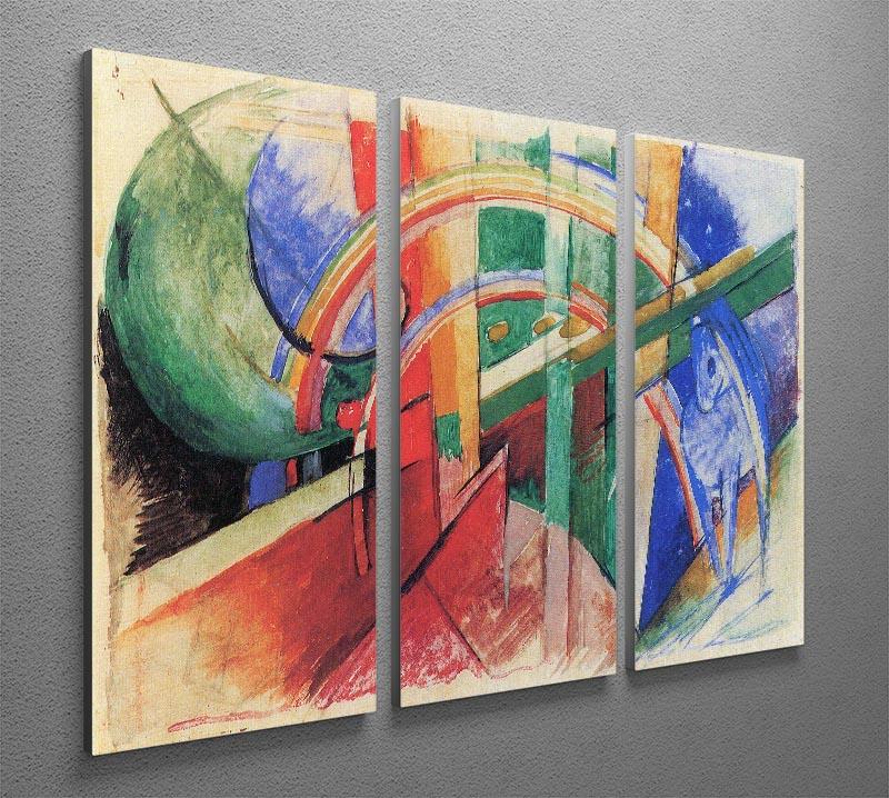 A vibrant 3-panel canvas print featuring Franz Marc's Blue Horse with Rainbow, showcasing bold colors and abstract design.