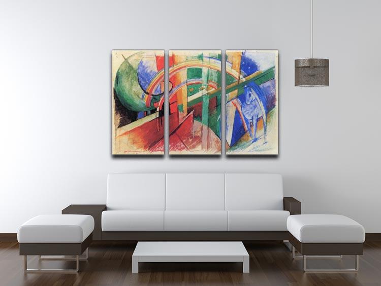 A vibrant 3-panel canvas print featuring Franz Marc's Blue Horse with Rainbow, showcasing bold colors and abstract design.