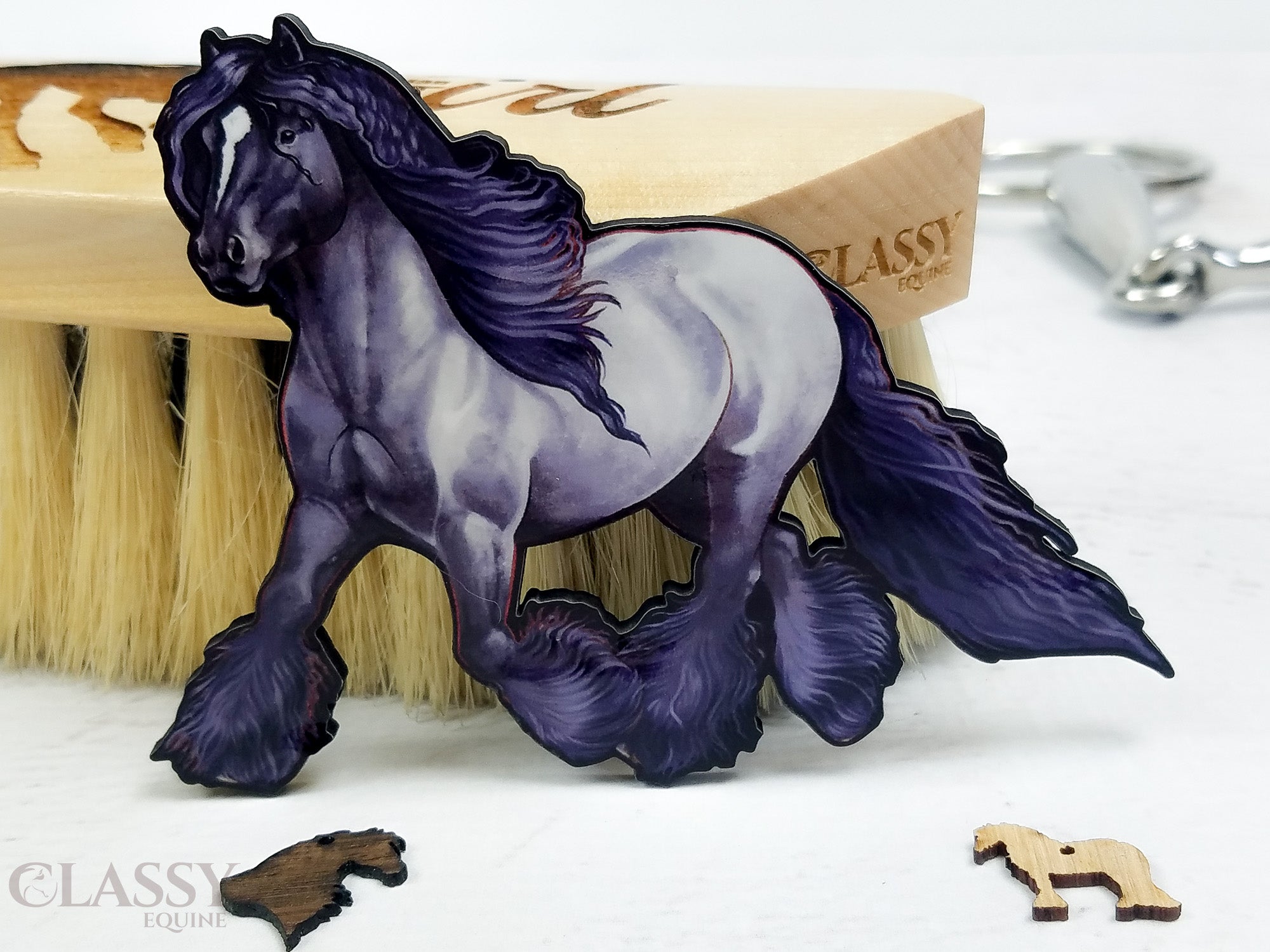 A beautifully crafted Blue Roan Gypsy Horse Ornament made from composite wood, featuring intricate laser-cut details and a ribbon for hanging.