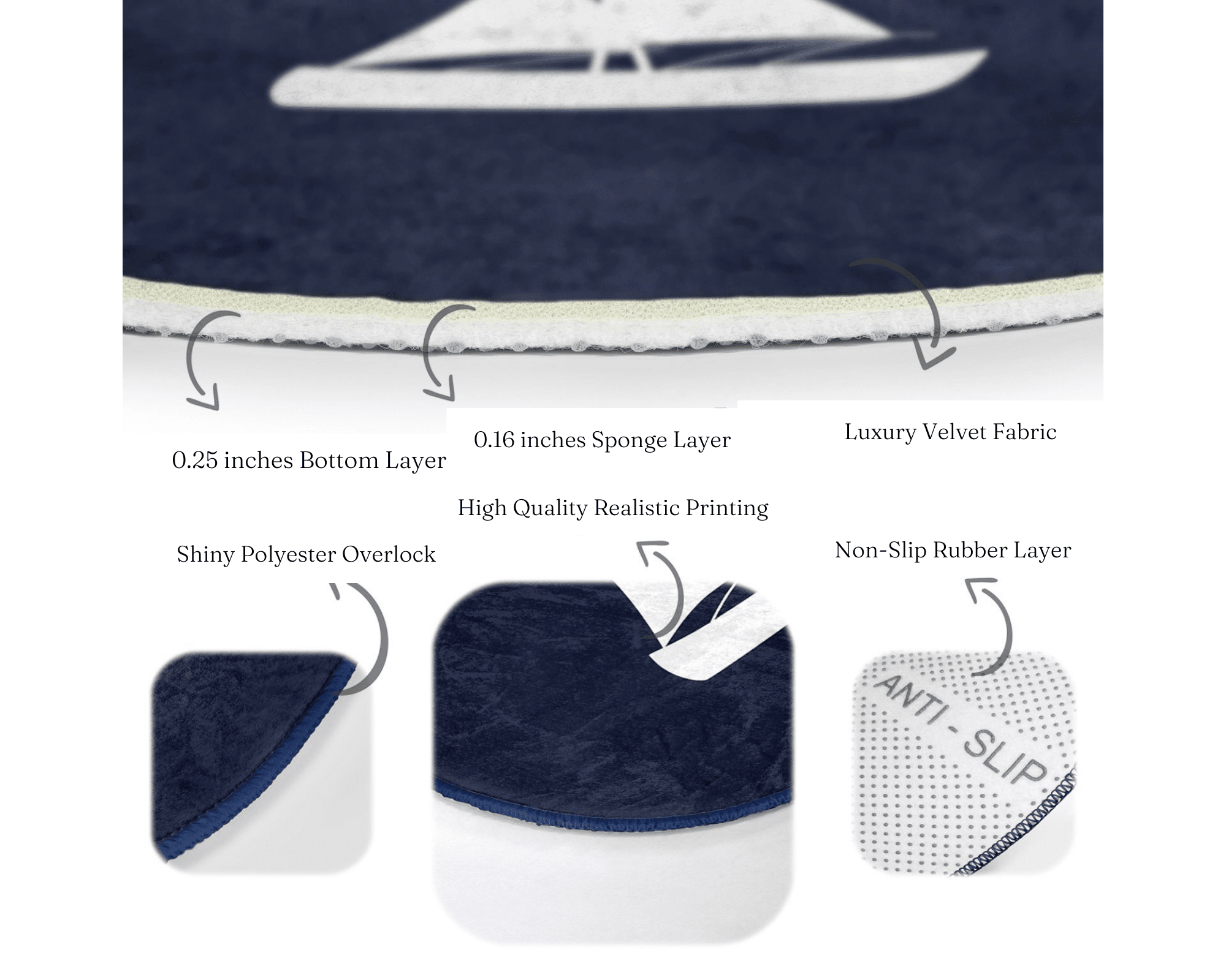 A round rug featuring a blue sail pattern, showcasing its soft velvet texture and vibrant colors, perfect for home decoration.