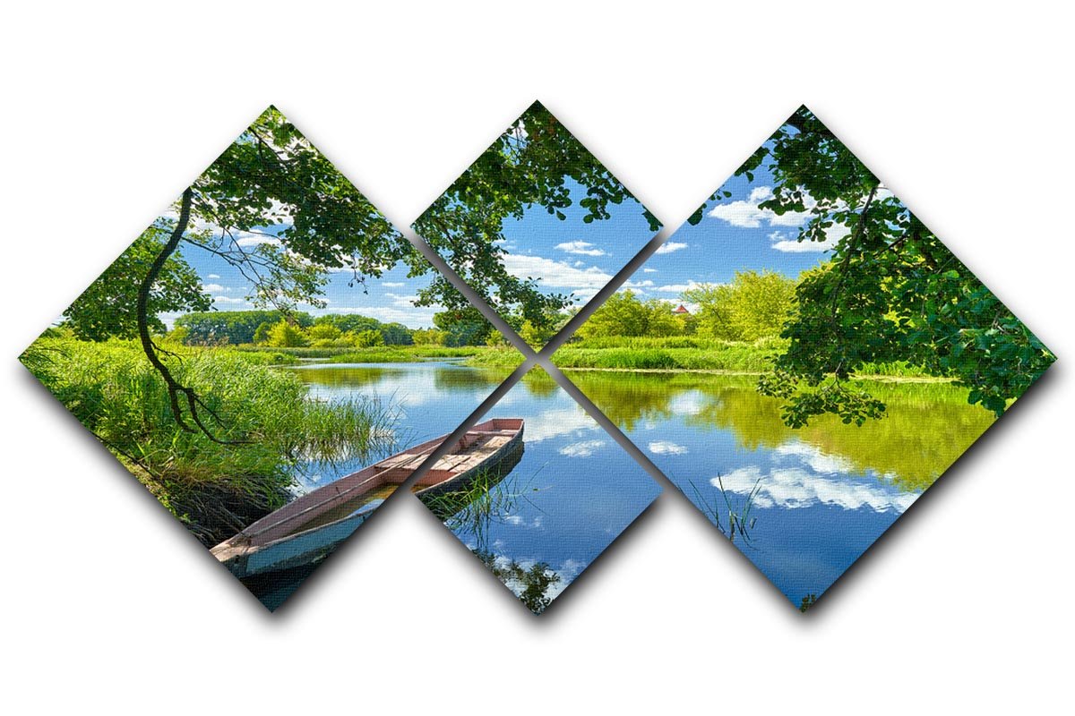 A beautiful multi-panel canvas featuring a boat on the Narew River under a blue sky with clouds, divided into four equal sections.
