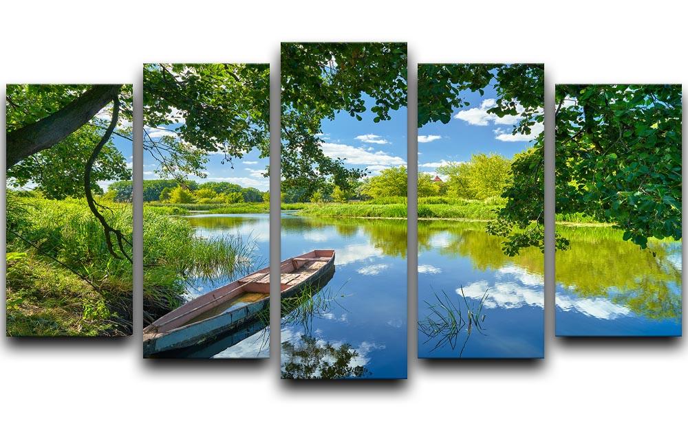 A beautiful 5-split canvas artwork depicting a boat on the Narew River under a blue sky with clouds.