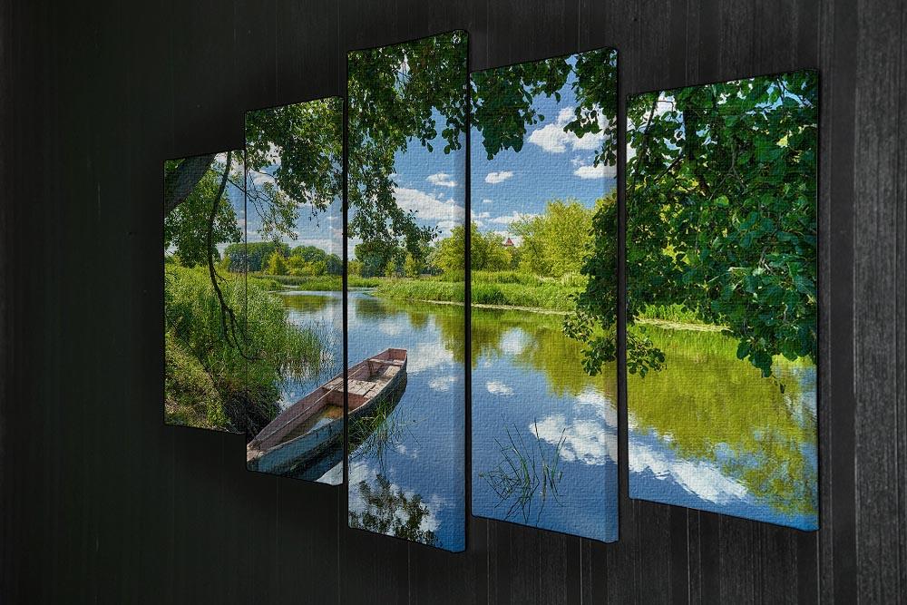 A beautiful 5-split canvas artwork depicting a boat on the Narew River under a blue sky with clouds.