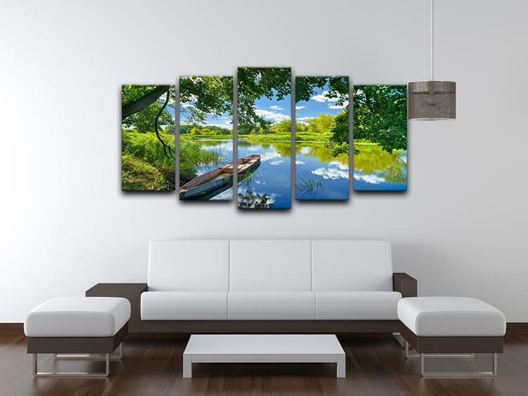 A beautiful 5-split canvas artwork depicting a boat on the Narew River under a blue sky with clouds.
