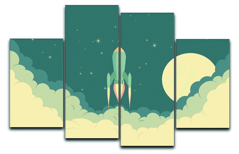 A vibrant blue spaceship taking off, depicted in a 4-split canvas artwork, showcasing dynamic space exploration theme.