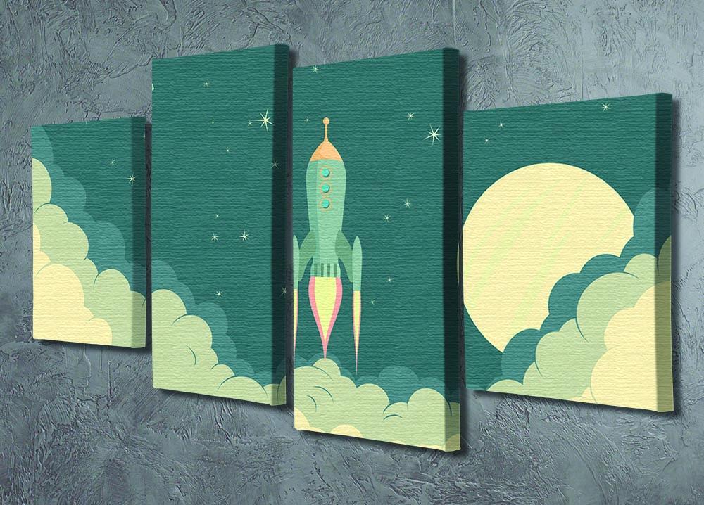 A vibrant blue spaceship taking off, depicted in a 4-split canvas artwork, showcasing dynamic space exploration theme.