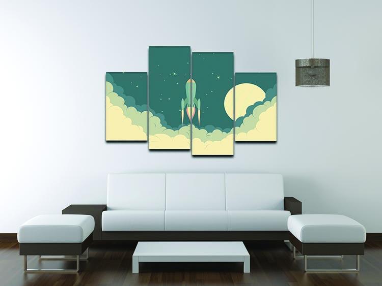 A vibrant blue spaceship taking off, depicted in a 4-split canvas artwork, showcasing dynamic space exploration theme.