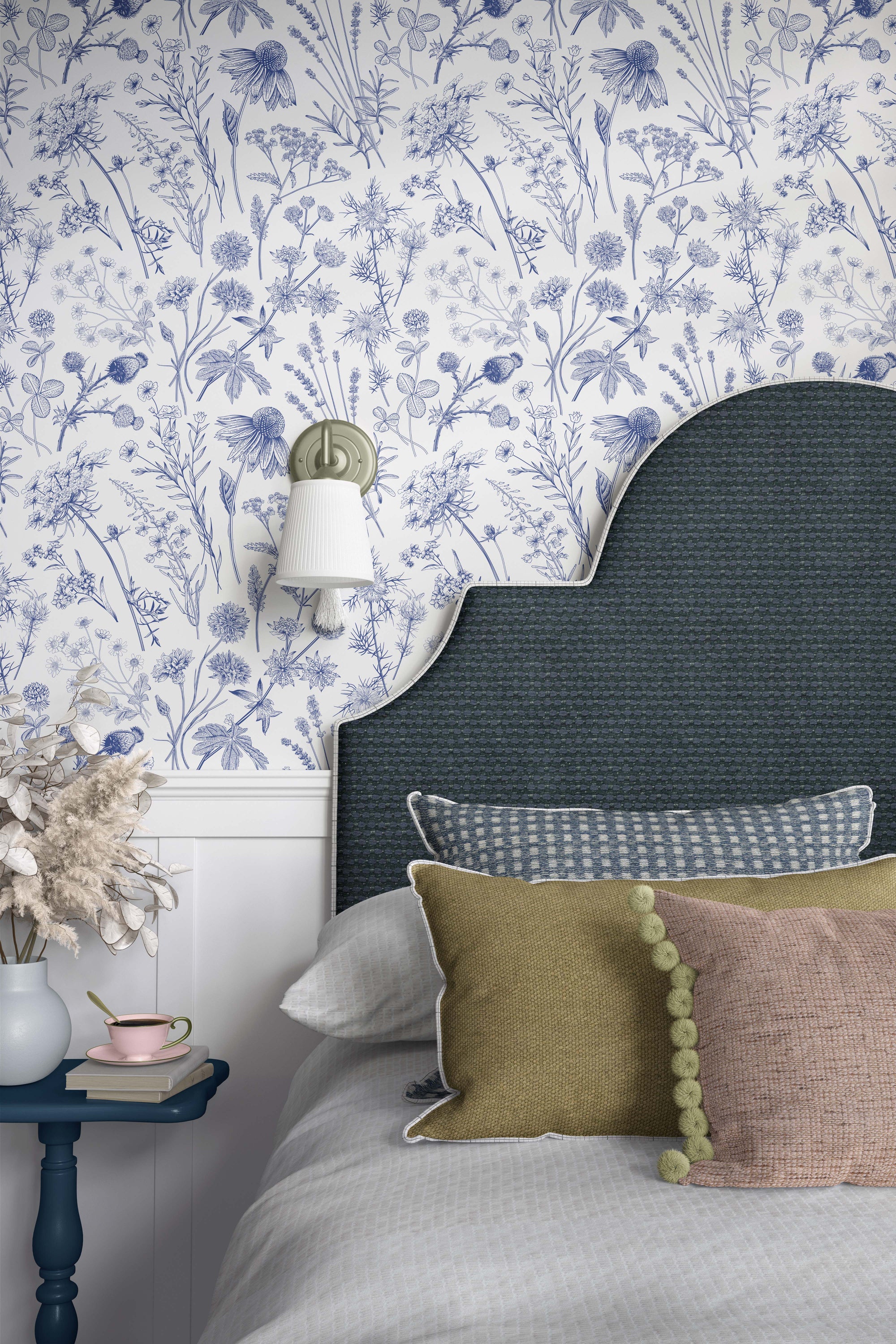 Blue Toile flowers wallpaper featuring delicate blue wildflowers on a white background, perfect for creating a serene ambiance.