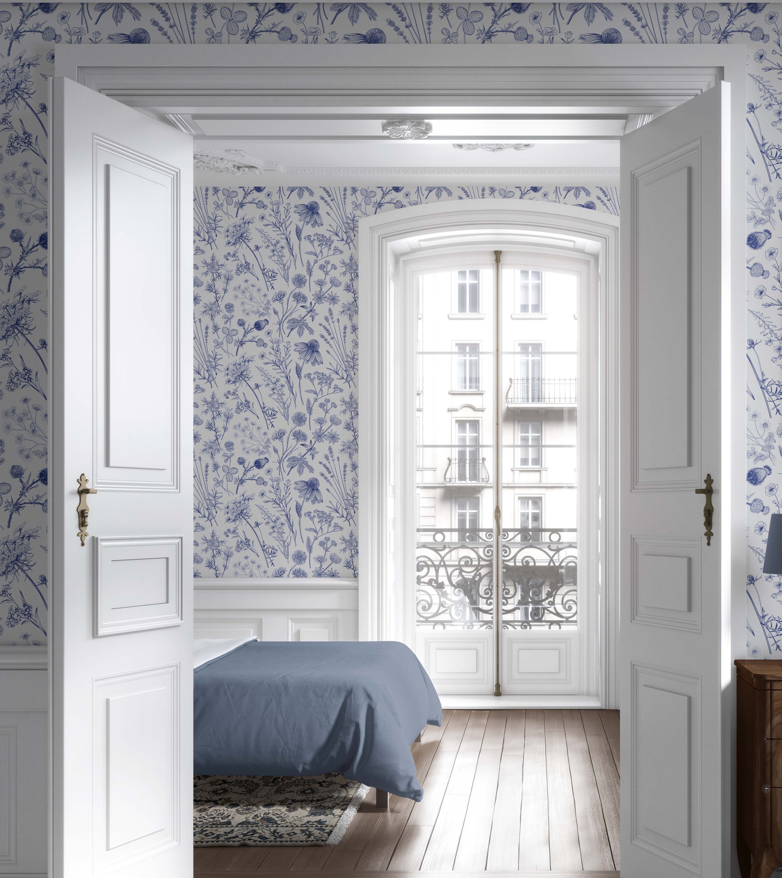 Blue Toile flowers wallpaper featuring delicate blue wildflowers on a white background, perfect for creating a serene ambiance.