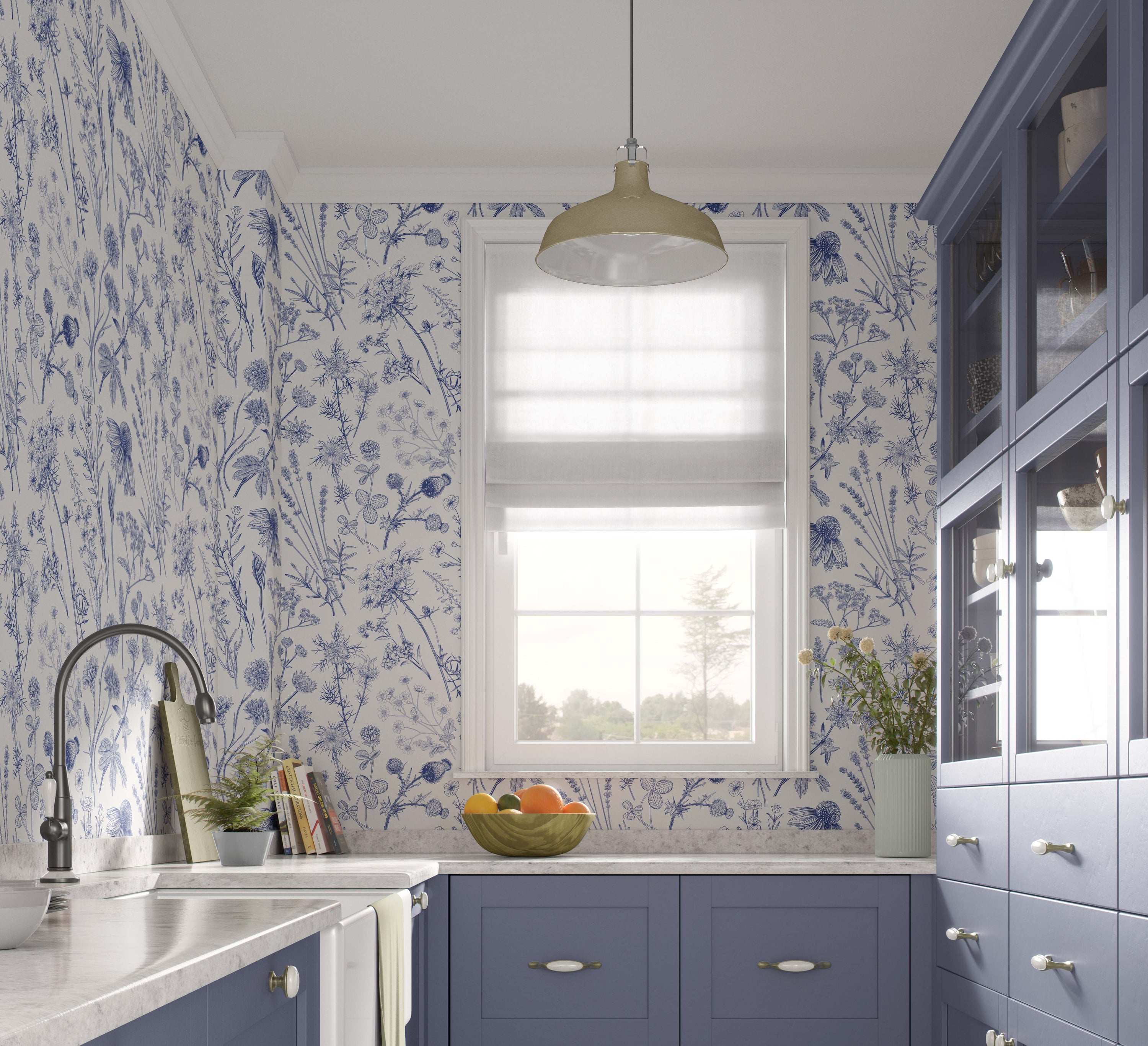 Blue Toile flowers wallpaper featuring delicate blue wildflowers on a white background, perfect for creating a serene ambiance.