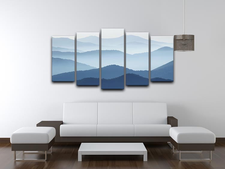 Blue Waves 5 Split Panel Canvas artwork featuring vibrant blue ocean waves across five panels.