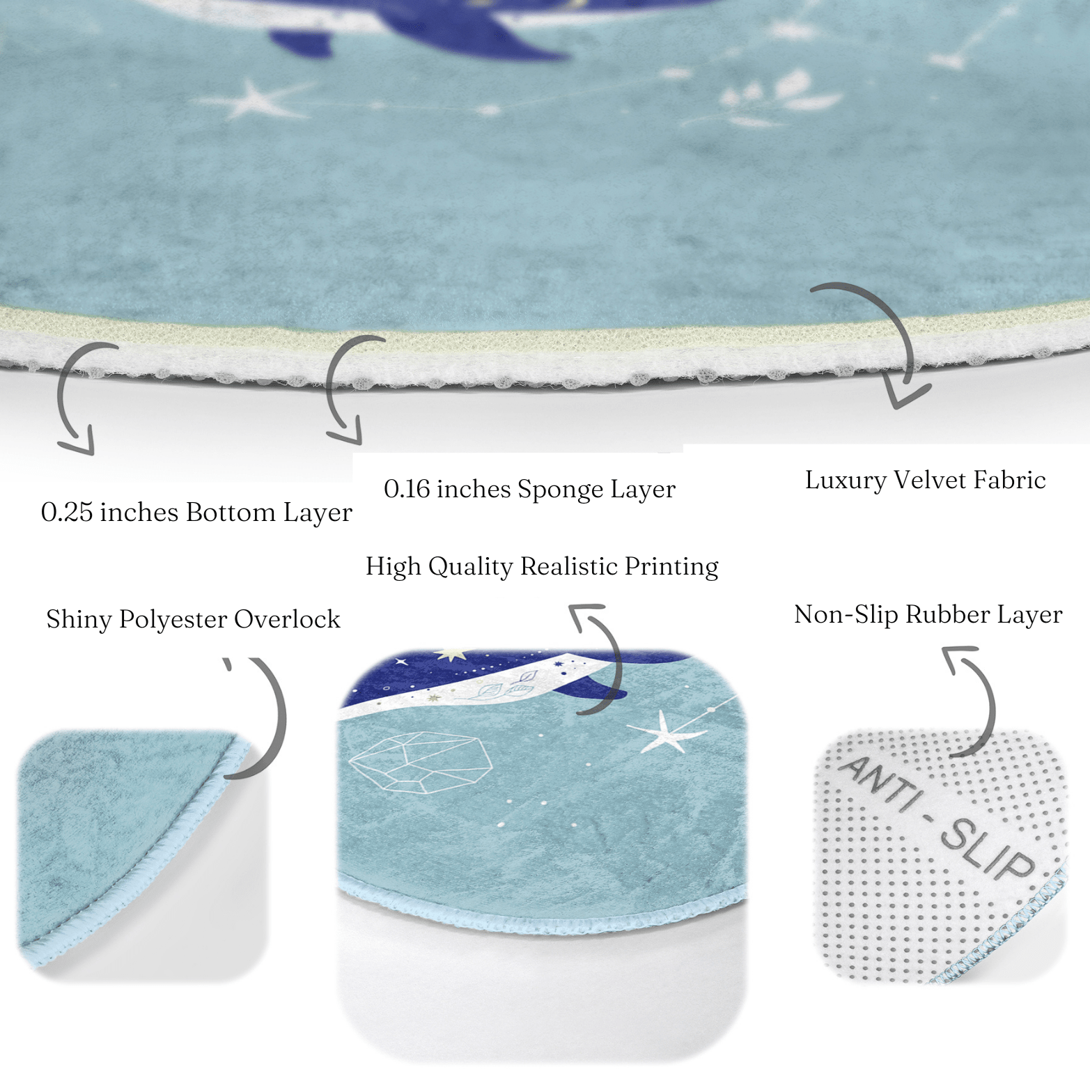 A soft, round rug featuring a vibrant blue whale pattern, perfect for kids' rooms and nurseries, showcasing its plush texture and colorful design.