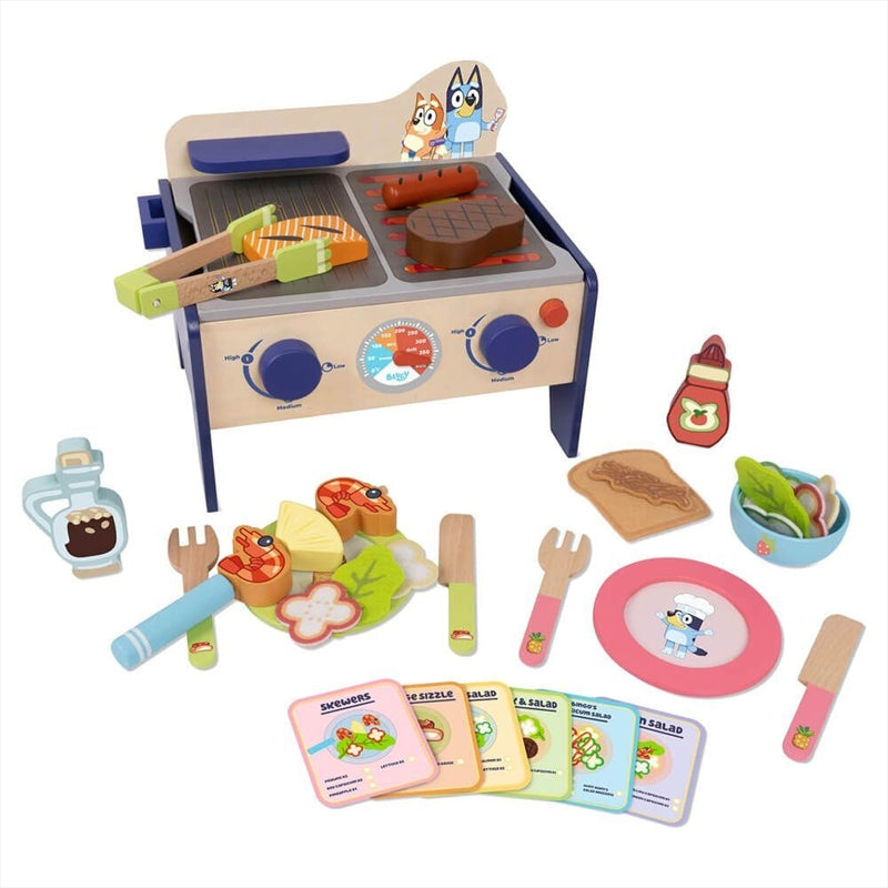 Bluey BBQ and Salad Playset featuring 33 wooden pieces, interactive grill with sizzling sounds, and organized storage under the grill.