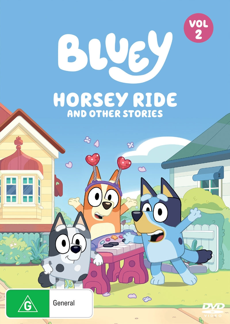 Bluey - Horsey Ride And Other Stories - Vol 2 DVD cover featuring Bluey and Bingo in playful poses.