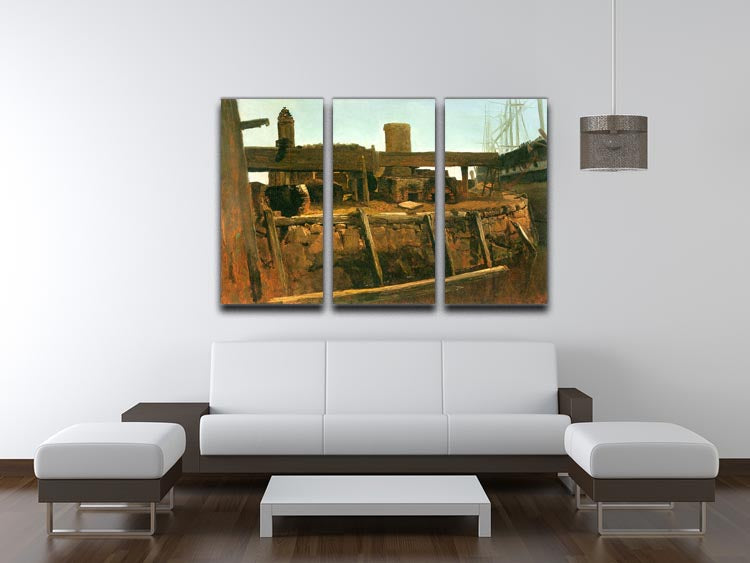 A beautiful 3-panel canvas print depicting a serene boat at the dock, showcasing vibrant colors and intricate details.