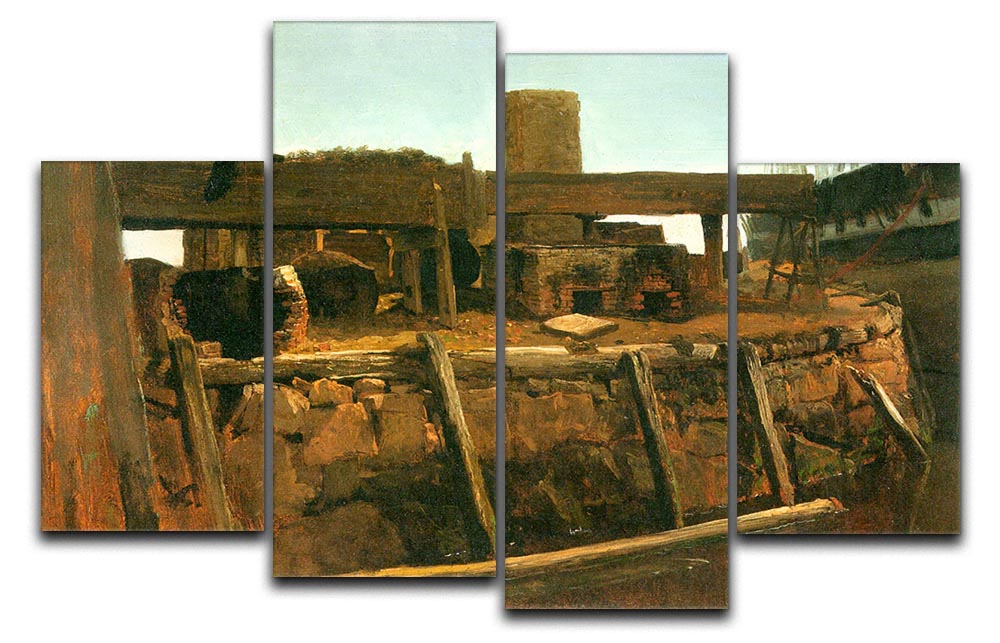 Boat at the dock artwork by Bierstadt, displayed as a 4-split canvas, showcasing serene water and nature.