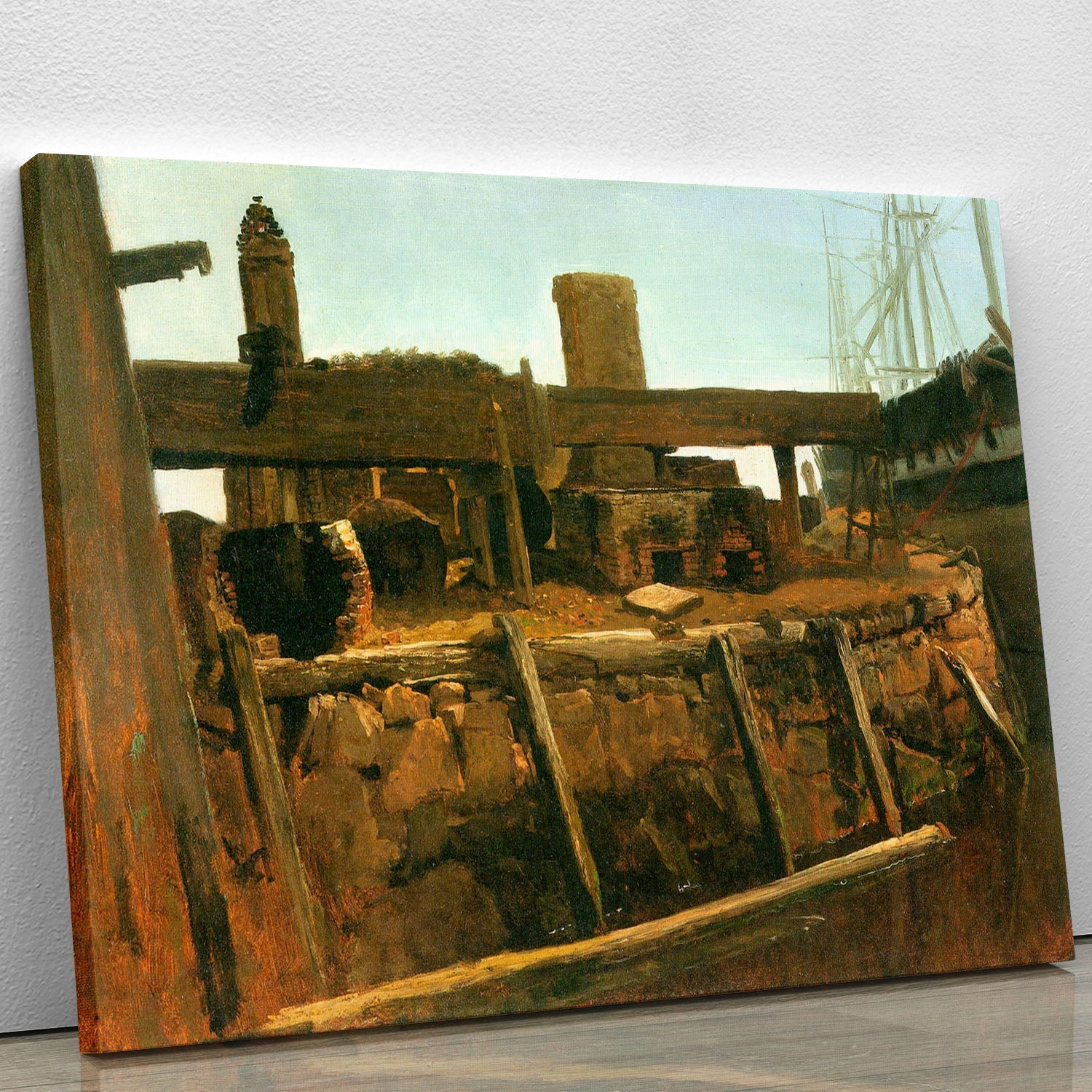 A serene canvas print of a boat at the dock, showcasing tranquil waters and a picturesque landscape.