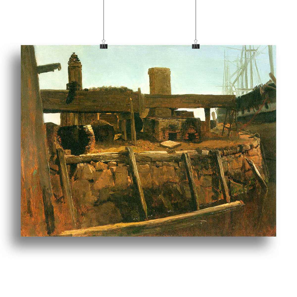 A serene canvas print of a boat at the dock, showcasing tranquil waters and a picturesque landscape.