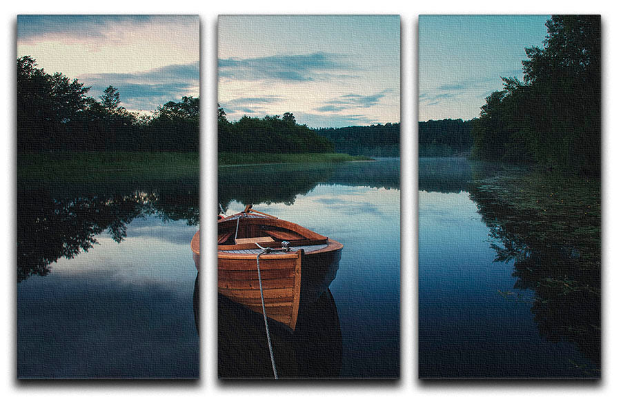 Boat In Fog 3 Split Panel Canvas Print showcasing a serene foggy landscape with a boat, perfect for home decor.