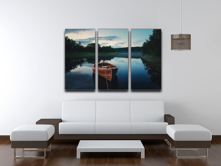 Boat In Fog 3 Split Panel Canvas Print showcasing a serene foggy landscape with a boat, perfect for home decor.