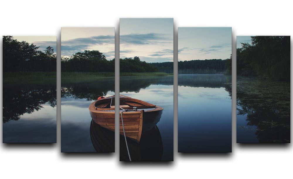 Boat In Fog 5 Split Panel Canvas artwork featuring a serene boat scene in fog, divided into five panels for a dynamic display.