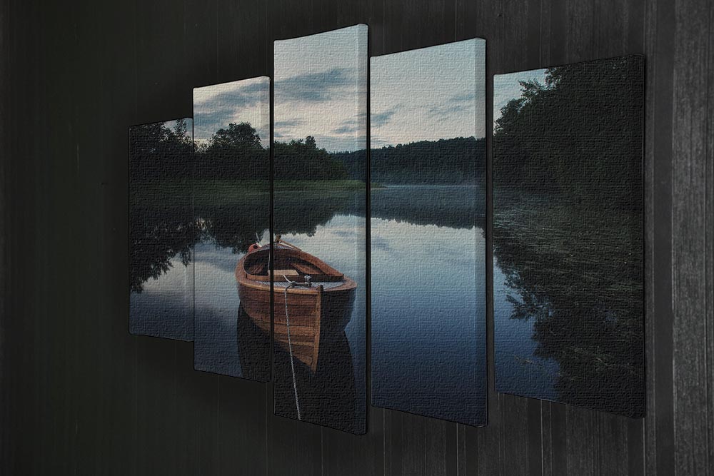 Boat In Fog 5 Split Panel Canvas artwork featuring a serene boat scene in fog, divided into five panels for a dynamic display.