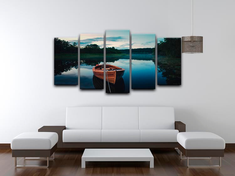 Boat In Fog 5 Split Panel Canvas artwork featuring a serene boat scene in fog, divided into five panels for a dynamic display.