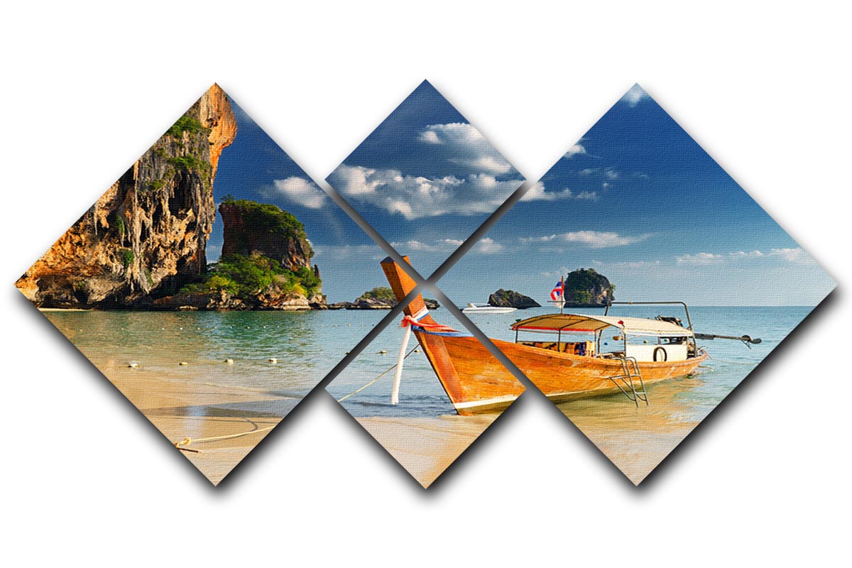 A beautiful 4-square canvas artwork depicting boats on Railay Beach, Krabi, showcasing vibrant colors and serene scenery.