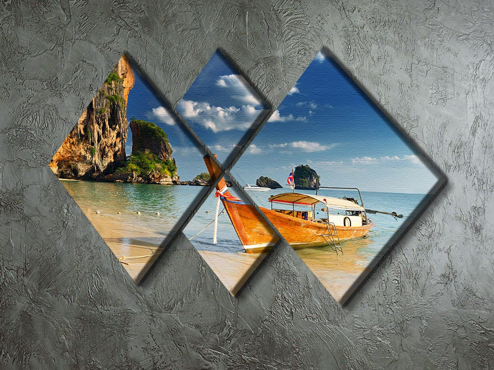 A beautiful 4-square canvas artwork depicting boats on Railay Beach, Krabi, showcasing vibrant colors and serene scenery.