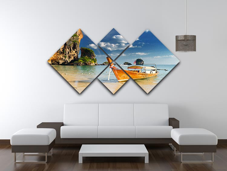 A beautiful 4-square canvas artwork depicting boats on Railay Beach, Krabi, showcasing vibrant colors and serene scenery.