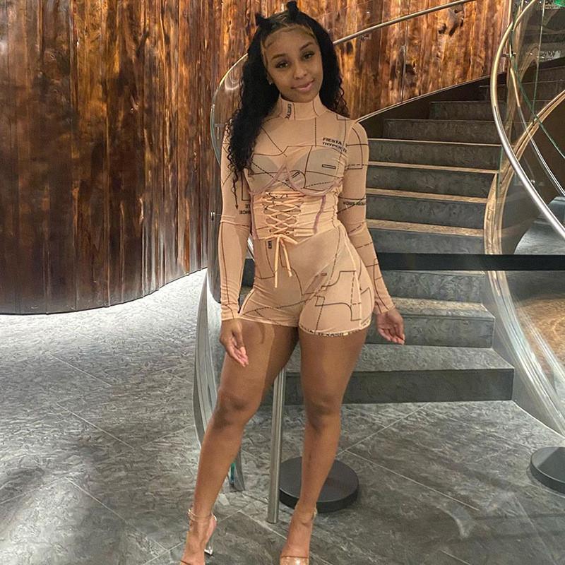 A stylish khaki bodycon mesh transparent corset bandage romper for women, featuring long sleeves and a sexy design, perfect for parties and casual wear.