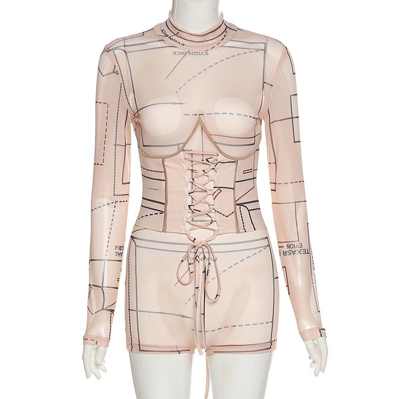 A stylish khaki bodycon mesh transparent corset bandage romper for women, featuring long sleeves and a sexy design, perfect for parties and casual wear.