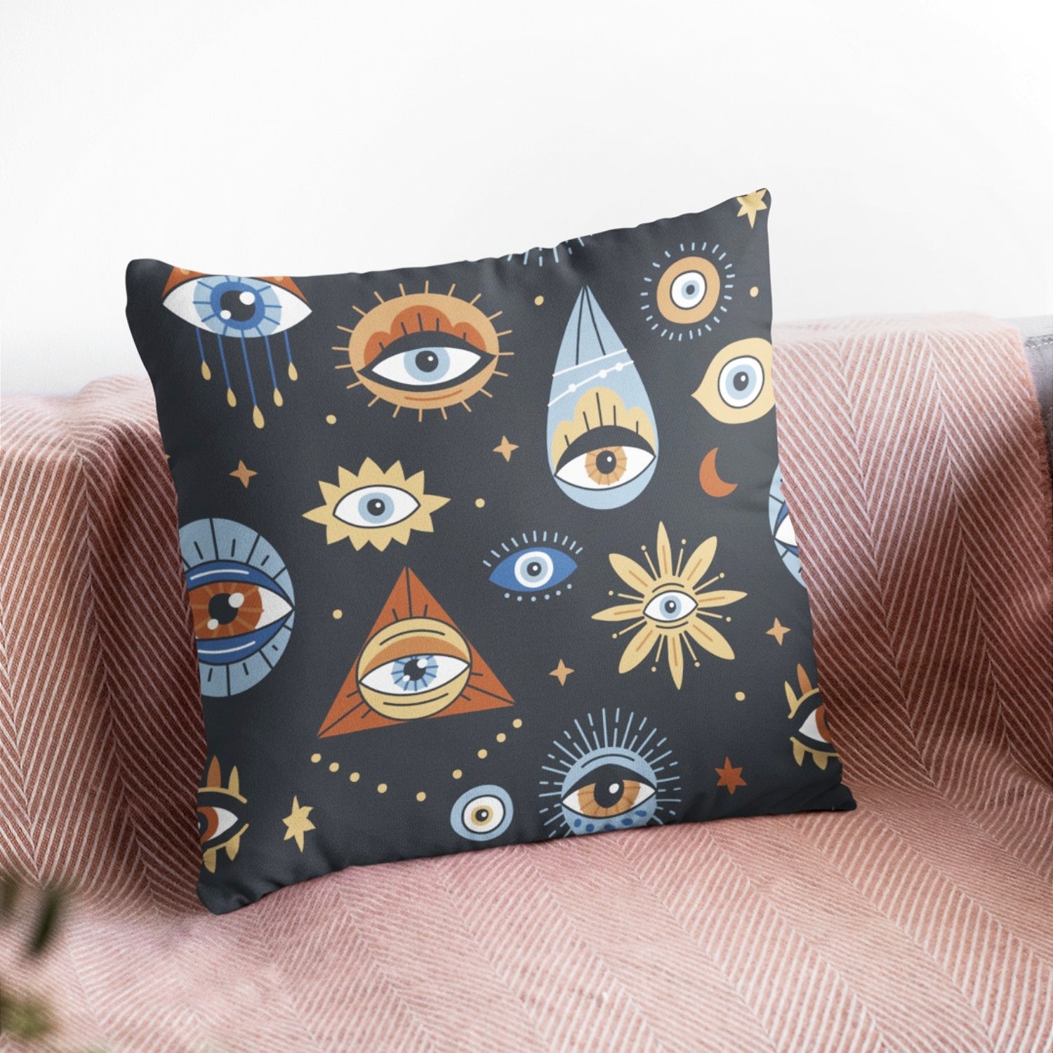 Bohemian Evil Eye Cushion Cover featuring vibrant digital print on one side and light cream back, perfect for bedroom decor.