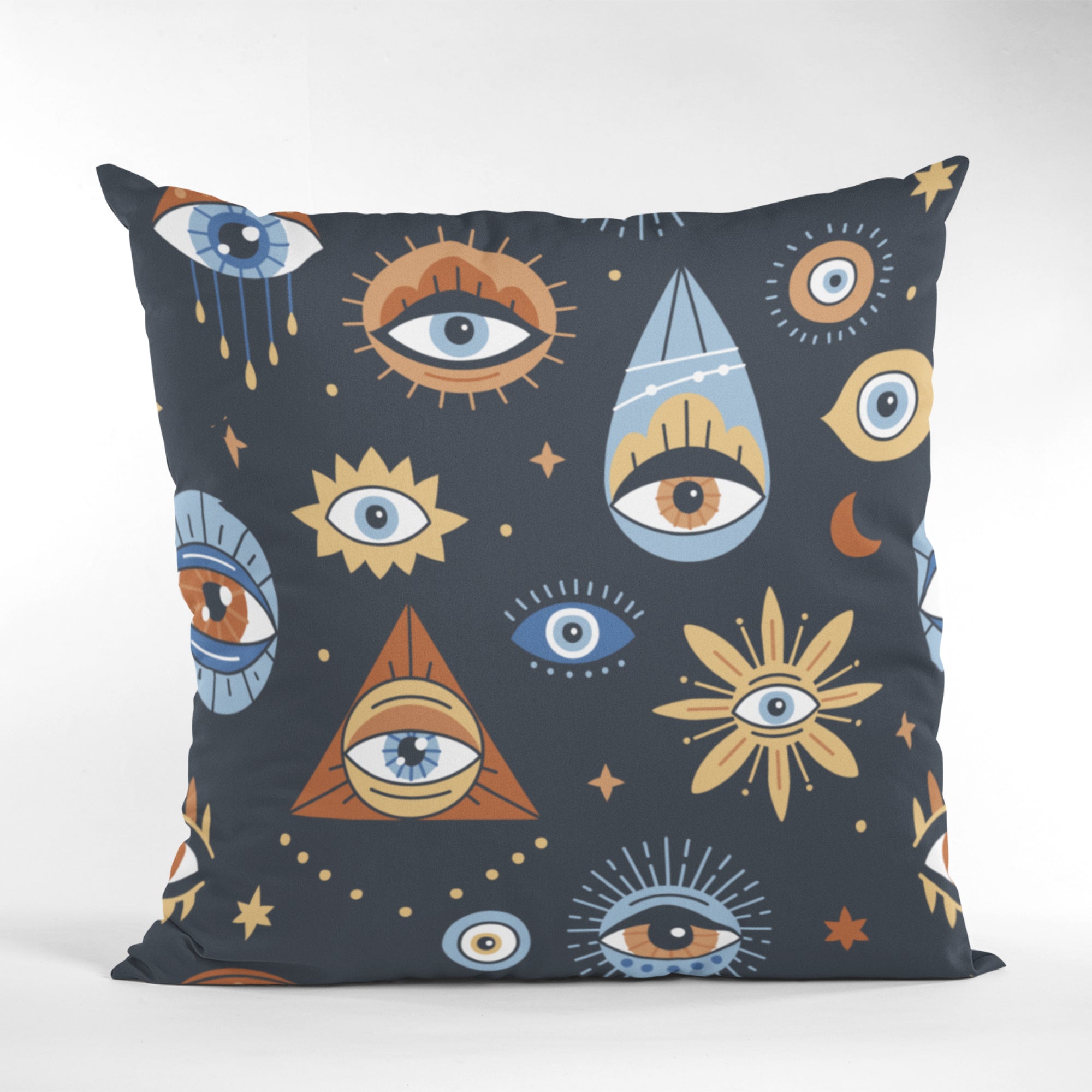 Bohemian Evil Eye Cushion Cover featuring vibrant digital print on one side and light cream back, perfect for bedroom decor.