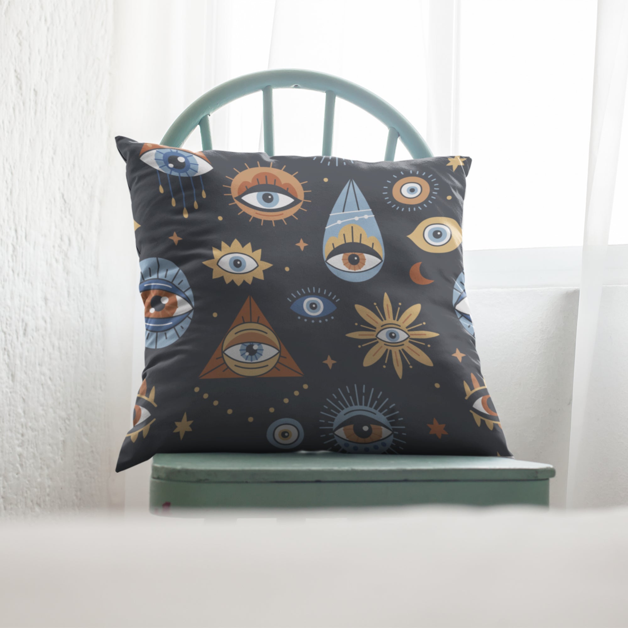 Bohemian Evil Eye Cushion Cover featuring vibrant digital print on one side and light cream back, perfect for bedroom decor.