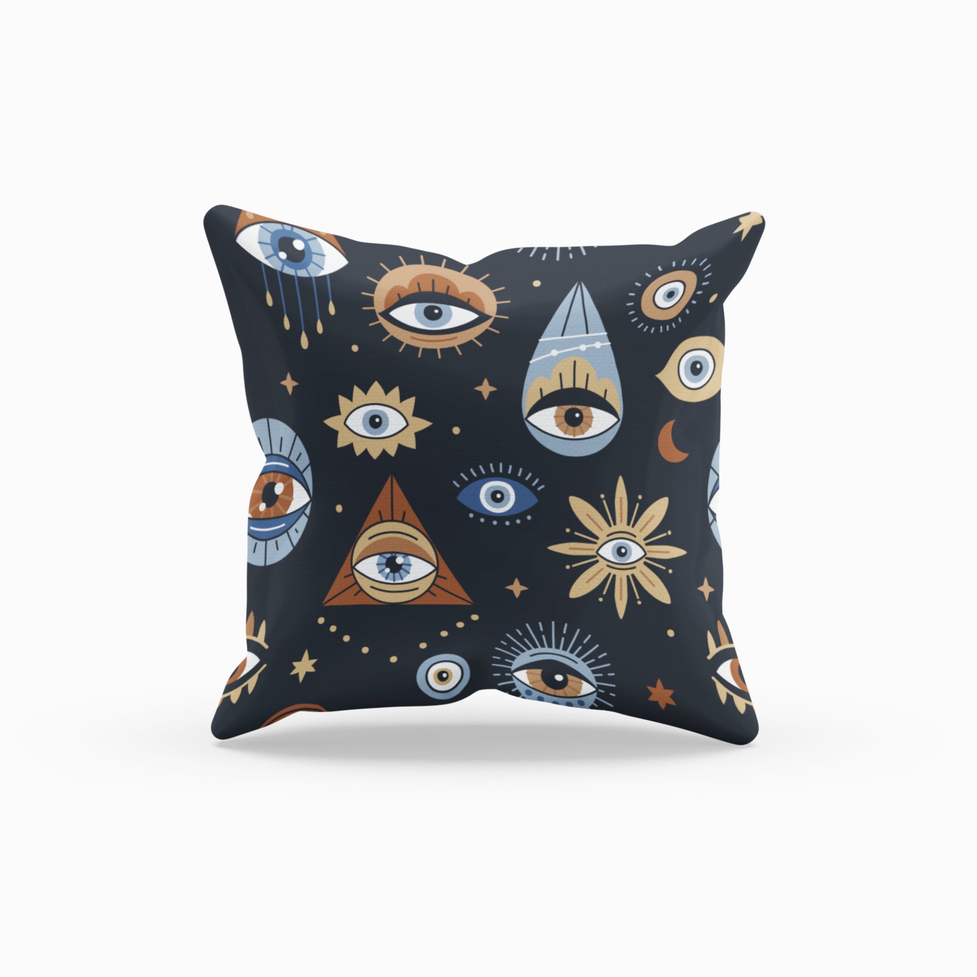 Bohemian Evil Eye Cushion Cover featuring vibrant digital print on one side and light cream back, perfect for bedroom decor.