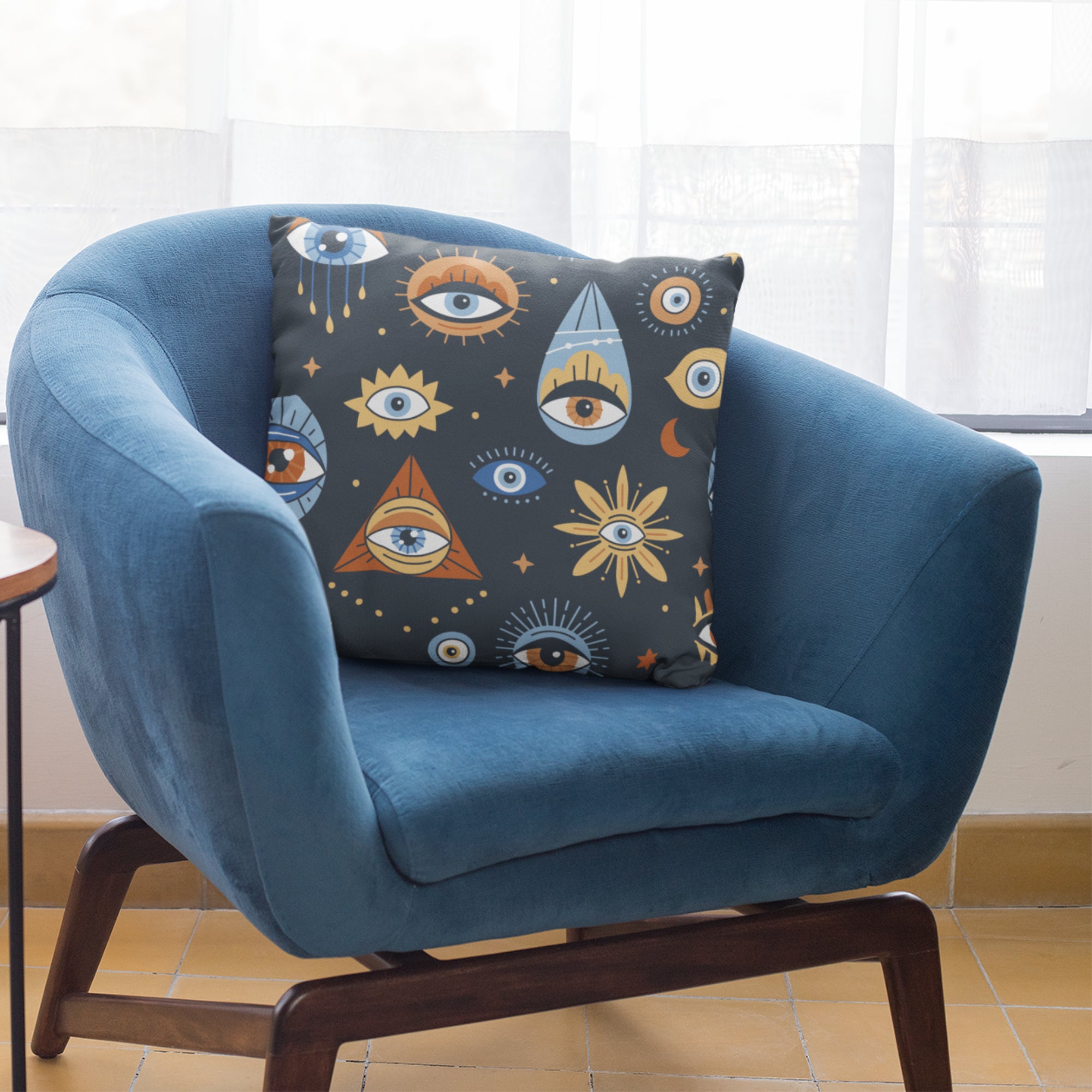 Bohemian Evil Eye Cushion Cover featuring vibrant digital print on one side and light cream back, perfect for bedroom decor.