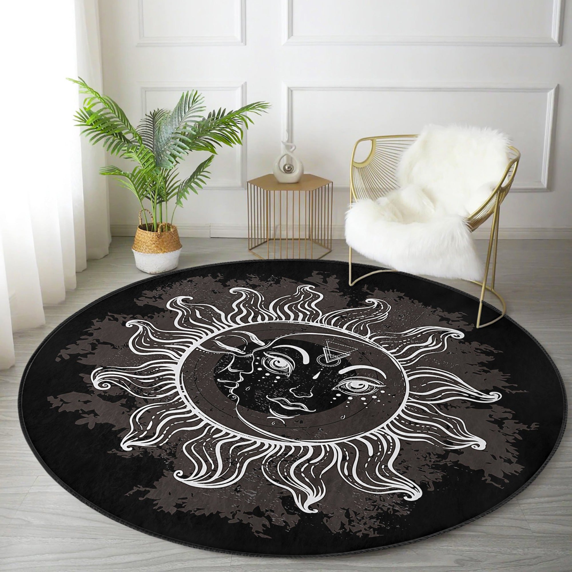 A beautifully designed round rug featuring a Bohemian sun pattern, made from soft velvet fabric, perfect for home decor.
