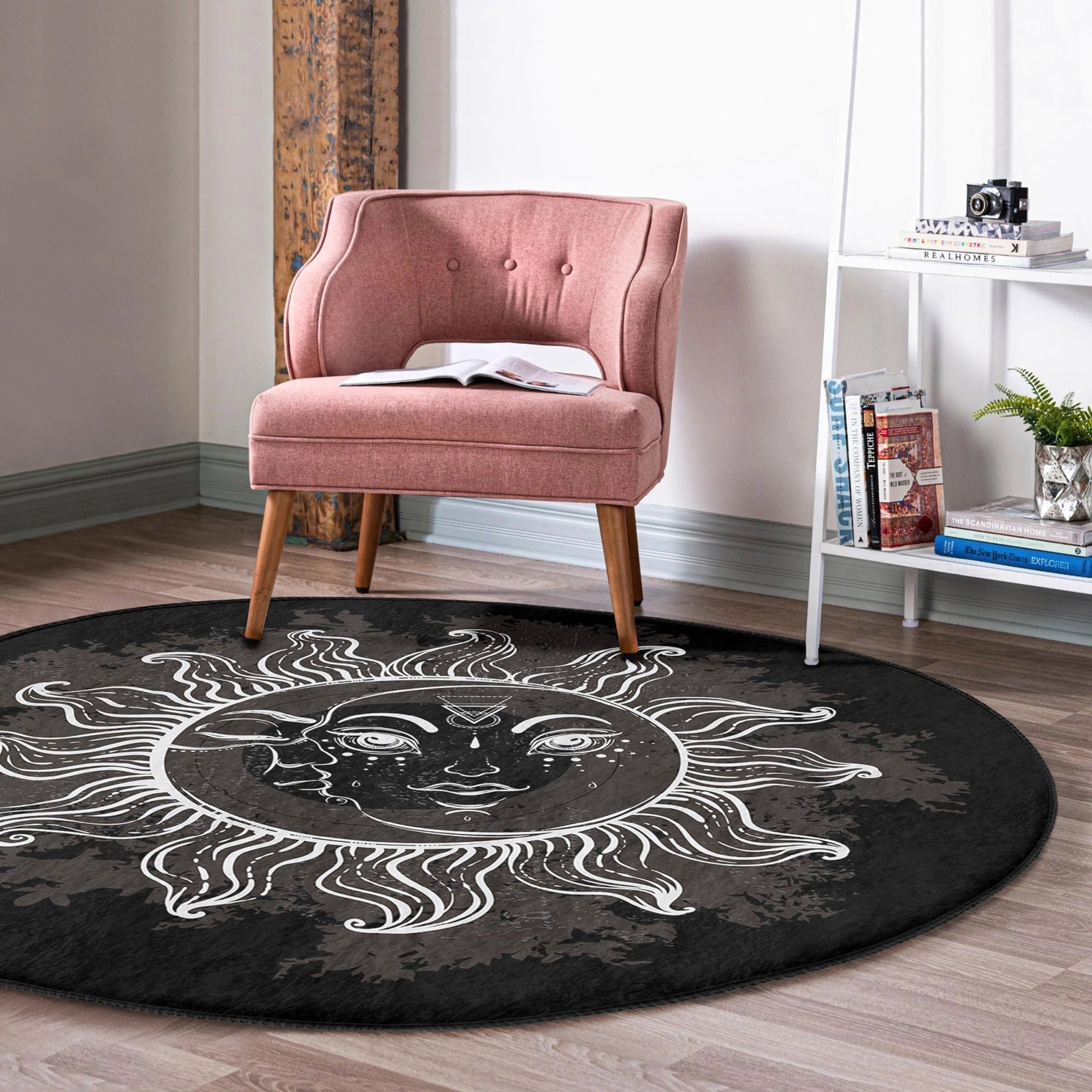 A beautifully designed round rug featuring a Bohemian sun pattern, made from soft velvet fabric, perfect for home decor.