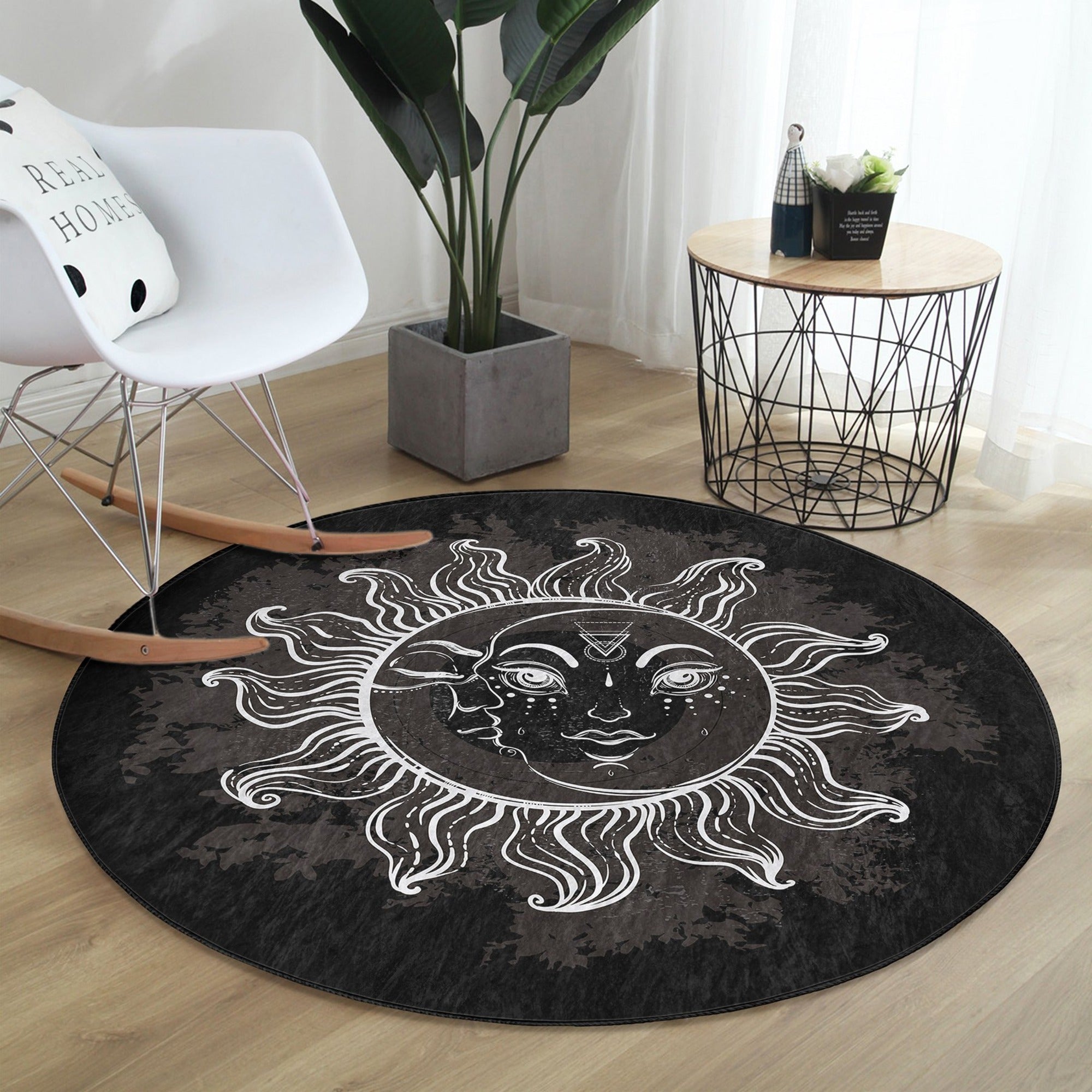 A beautifully designed round rug featuring a Bohemian sun pattern, made from soft velvet fabric, perfect for home decor.