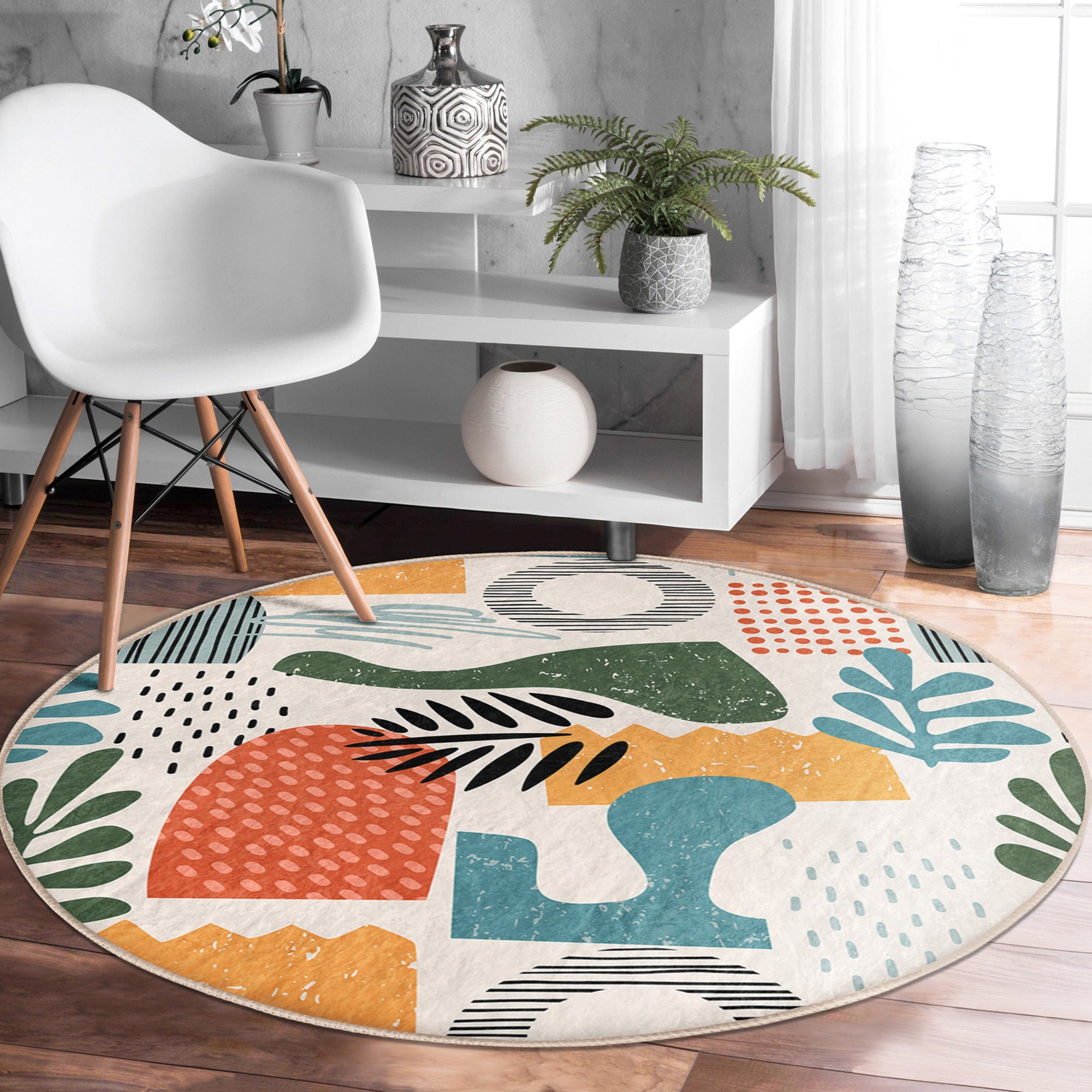 A stylish Bohemian round rug featuring vibrant patterns and soft velvet fabric, perfect for home decoration.