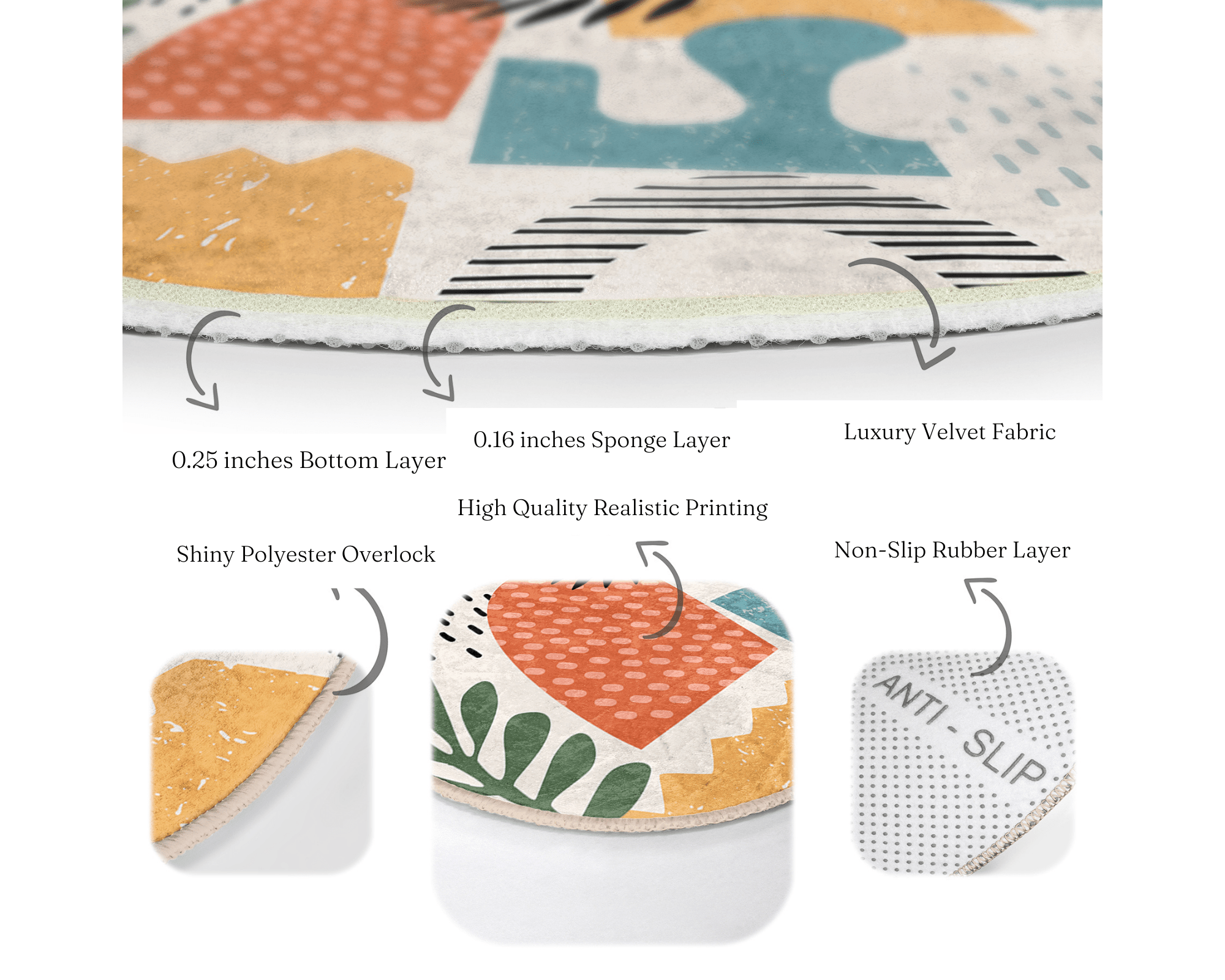 A stylish Bohemian round rug featuring vibrant patterns and soft velvet fabric, perfect for home decoration.